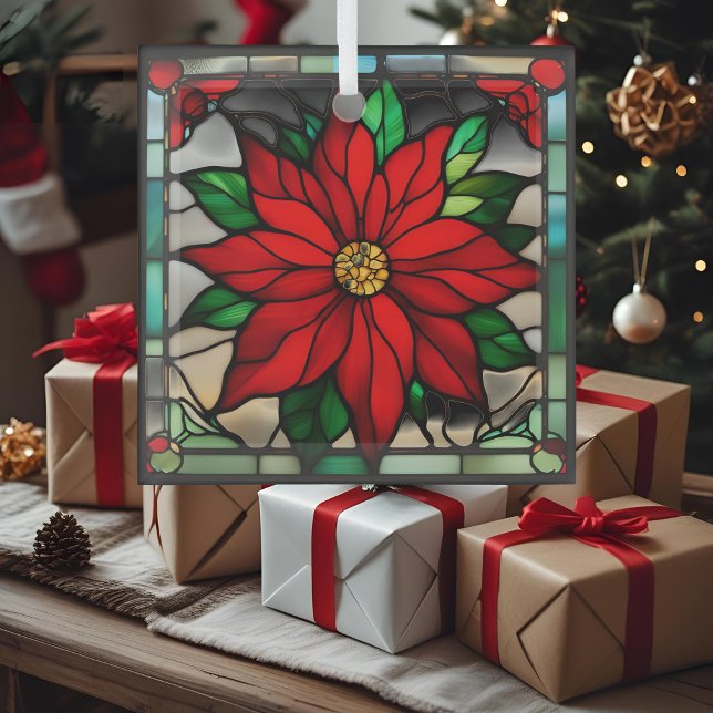 Single Poinsettias Faux Stained Glass Glass Ornament (Creator Uploaded)