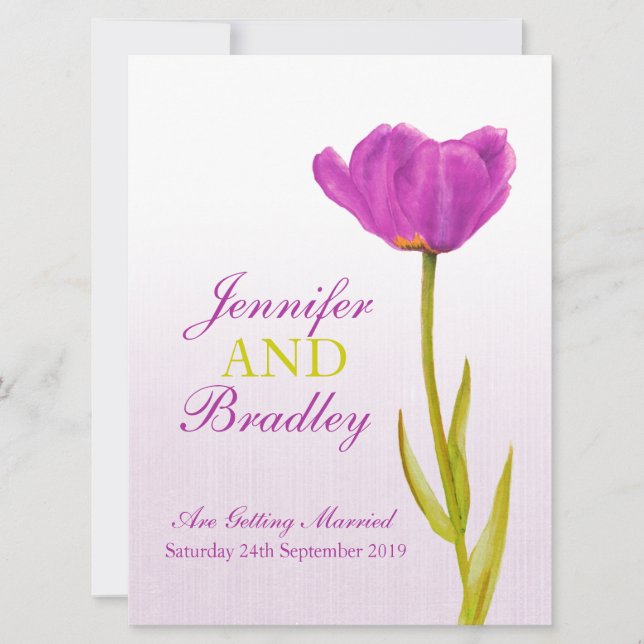 Single purple tulip art large wedding invitation (Front)