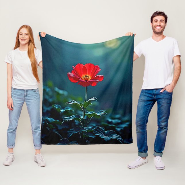 Single Red Bloom Focus Design Fleece Blanket (In Situ)
