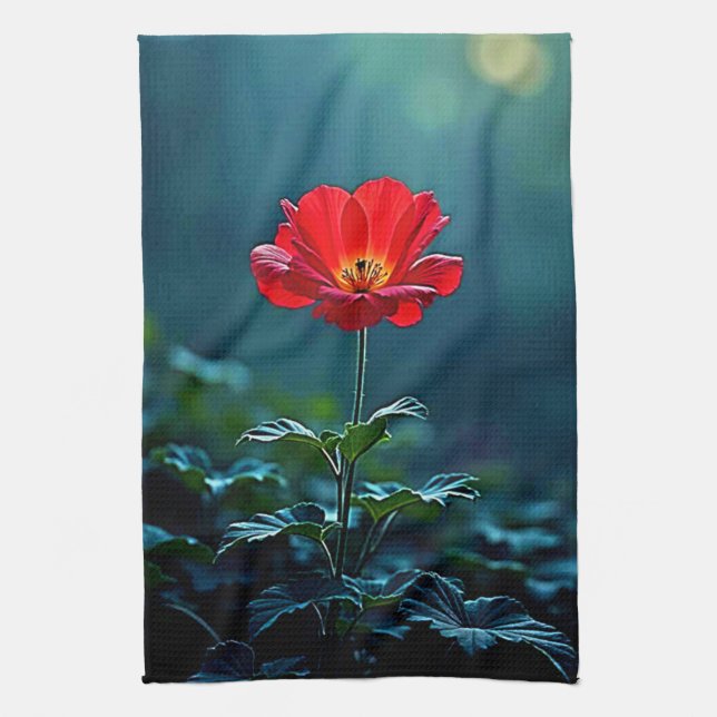 Single Red Bloom Focus Design Kitchen Towel (Vertical)