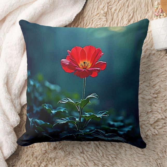 Single Red Bloom Focus Design Throw Pillow (Blanket)