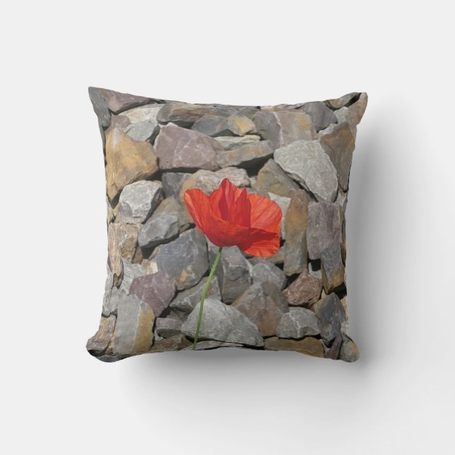 Single red poppy flower on small gray stones throw pillow (Front)