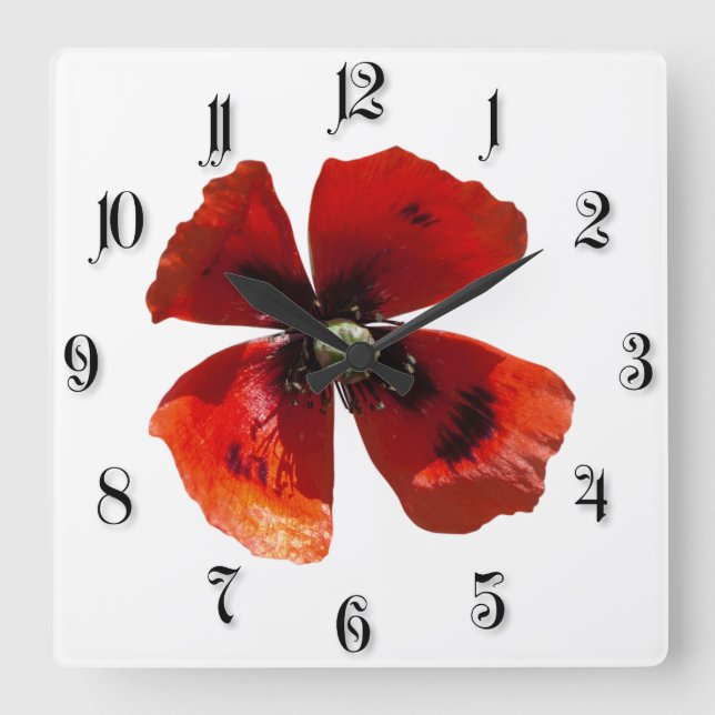 Single red poppy flower square wall clock (Front)