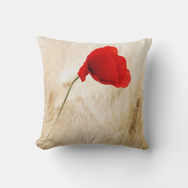 Single Red Poppy in a Grassy Field Throw Pillow (Front)