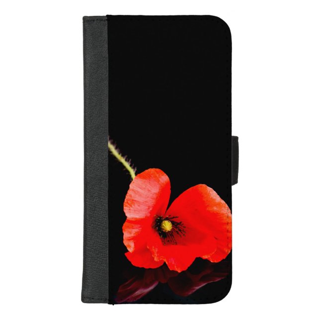 Single red poppy on black iPhone wallet case (Front)