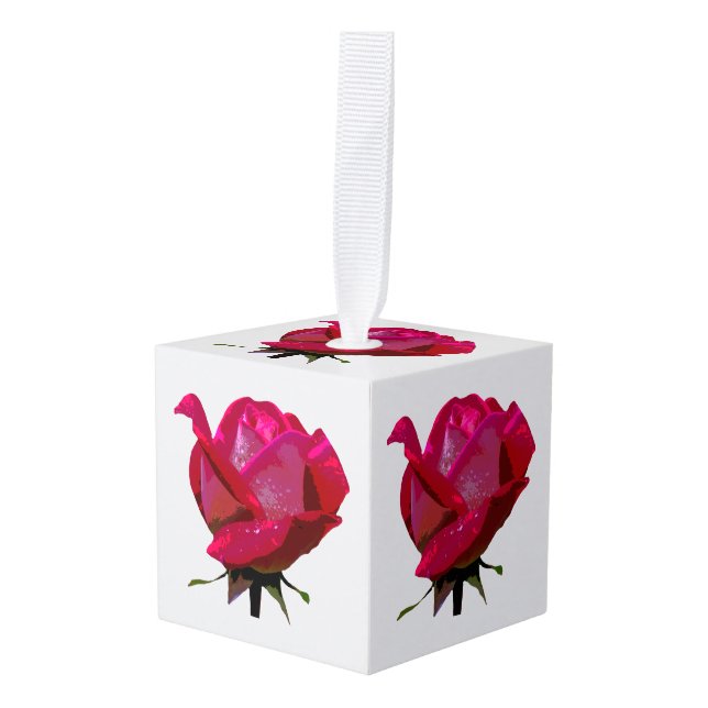 single red rose cube ornament (Front Angled)