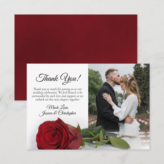 Single Red Rose Elegant Wedding Photo Thank You Card (Front/Back)