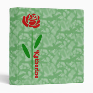 Single Red Rose Green Stem Leaves Customize Name Binder