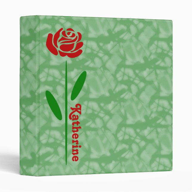 Single Red Rose Green Stem Leaves Customize Name Binder (Front/Spine)