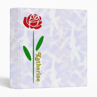 Single Red Rose Green Stem Leaves Customize Name Binder