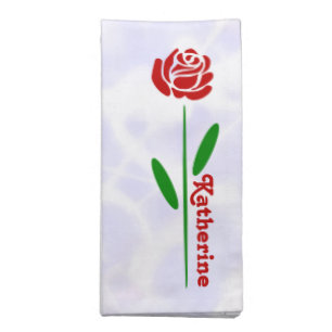 Single Red Rose Green Stem Leaves Customize Name Cloth Napkin