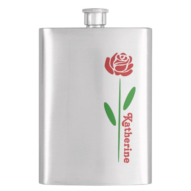 Single Red Rose Green Stem Leaves Customize Name Flask (Front)
