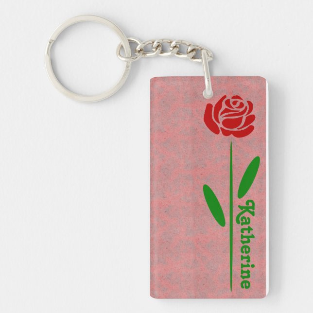 Single Red Rose Green Stem Leaves Customize Name Keychain (Front)