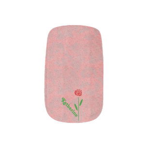 Single Red Rose Green Stem Leaves Customize Name Minx Nail Wraps
