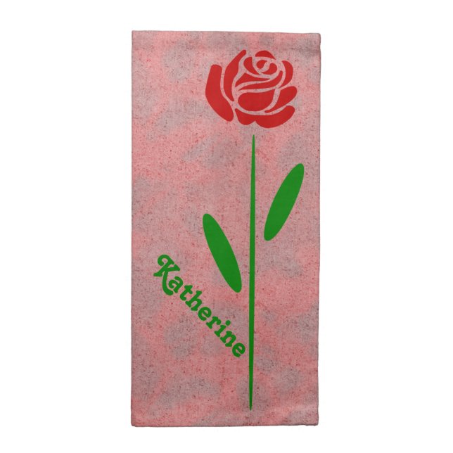 Single Red Rose Green Stem Leaves Customize Name Napkin (Half Fold)
