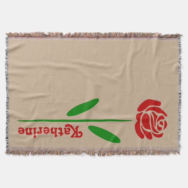 Single Red Rose Green Stem Leaves Customize Name Throw Blanket (Front)