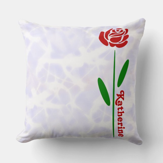 Single Red Rose Green Stem Leaves Customize Name Throw Pillow (Front)