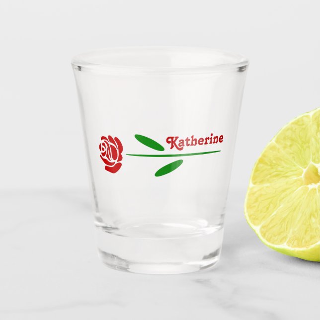 Single Red Rose Green Stem Leaves Personalized  Shot Glass (Front)