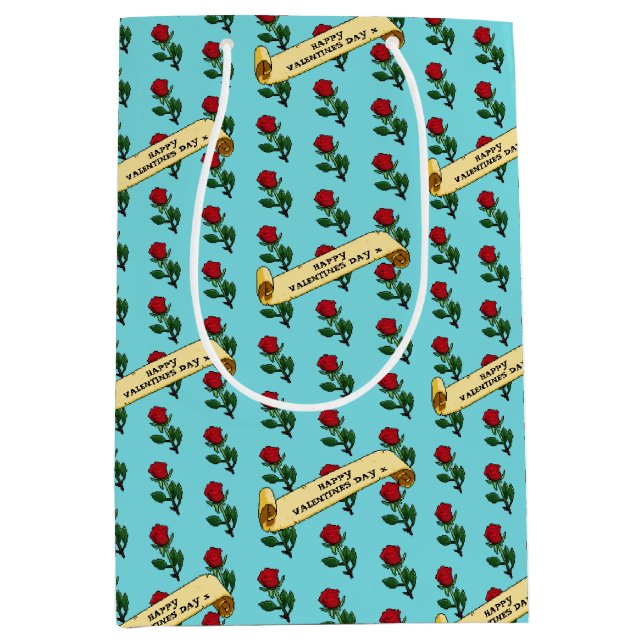 Single Red Rose Happy Valentine's Day 80s Retro Medium Gift Bag (Front)