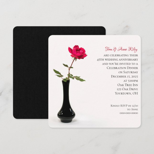 Single red rose in black vase anniversary invitation (Front/Back)