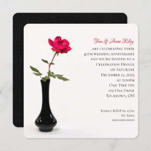 Single red rose in black vase anniversary invitation