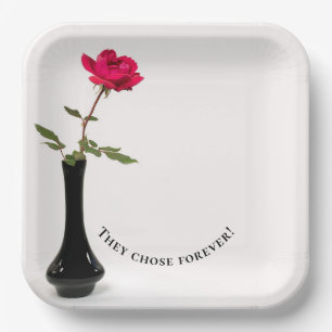 single red rose in black vase paper plates