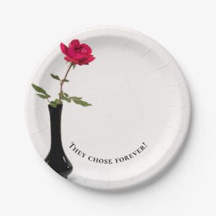 single red rose in black vase paper plates