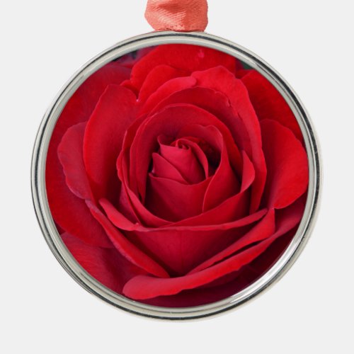 Single red rose in full bloom metal ornament