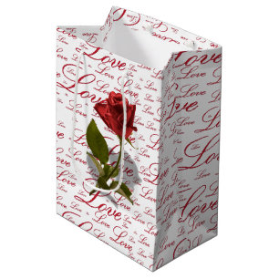 Single Red Rose Photo - Love Typography Pattern Medium Gift Bag