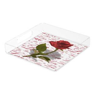 Single Red Rose Photo - Valentine Love Typography Acrylic Tray