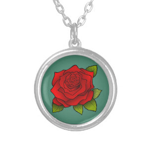 Single Red Rose Silver Plated Necklace