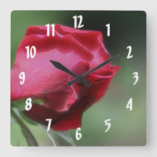 Single Red Rosebud Flower Square Wall Clock