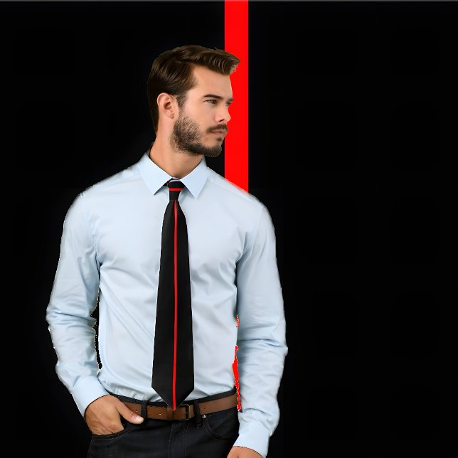 Single Red Stripe on Black Tie (Man wears black tie with single vertical red stripe. He stands against wall with same design.)