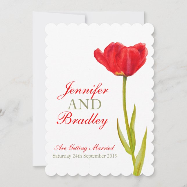 Single red tulip art white wedding invitation (Front)