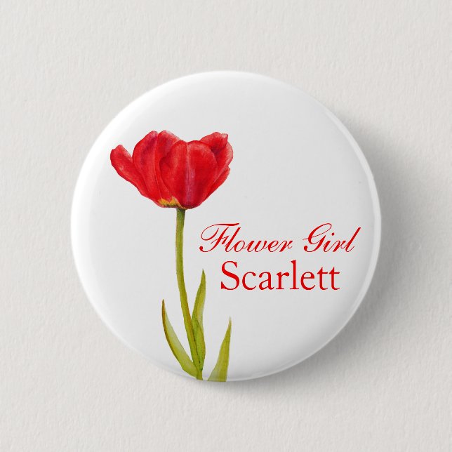 Single red tulip flower girl wedding pin / button (Front)