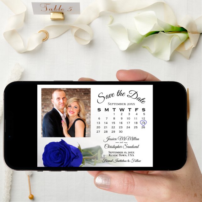 Single Royal Blue Rose Wedding Calendar & Photo Save The Date (Front Digital)