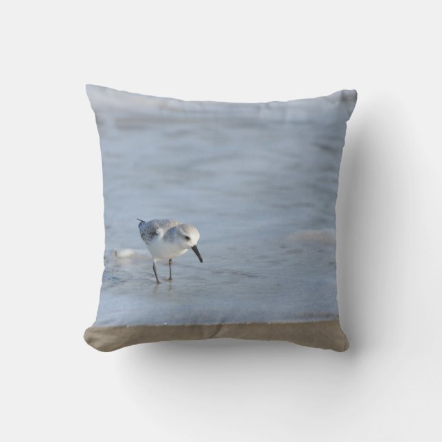 Single Sandpiper walking on beach double sided Throw Pillow (Front)