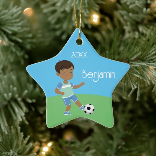 Single Sided Black Boy Soccer Star Ceramic Ornament (Tree)