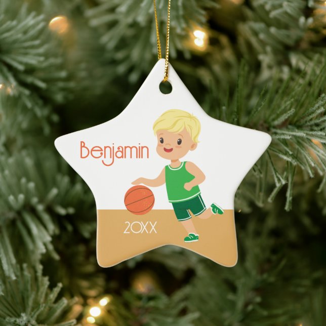 Single Sided Blond Boy Basketball Ceramic Ornament (Tree)