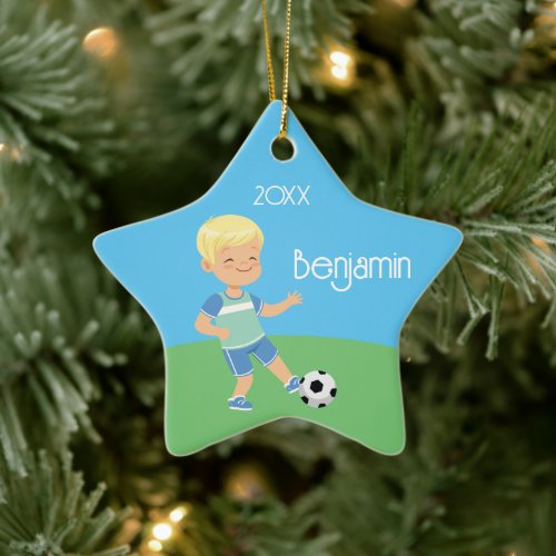 Single Sided Blond Soccer Boy Ceramic Ornament