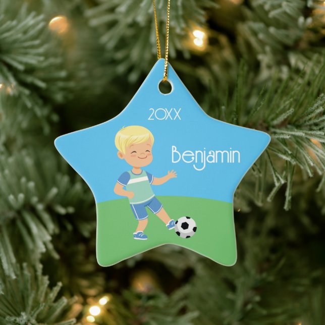 Single Sided Blond Soccer Boy Ceramic Ornament (Tree)