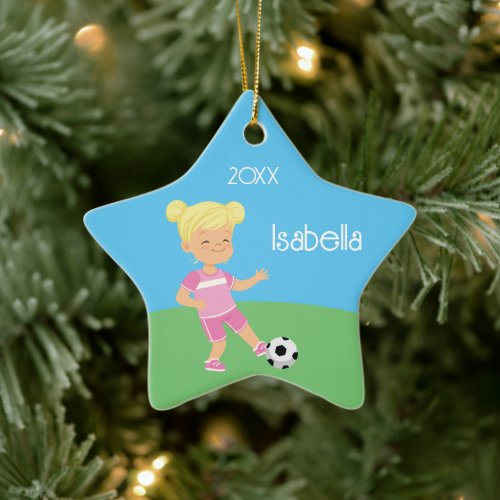 Single Sided Blonde Girl Soccer Star Ceramic Ornament