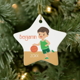Single Sided Brunette Boy Basketball Ceramic Ornament