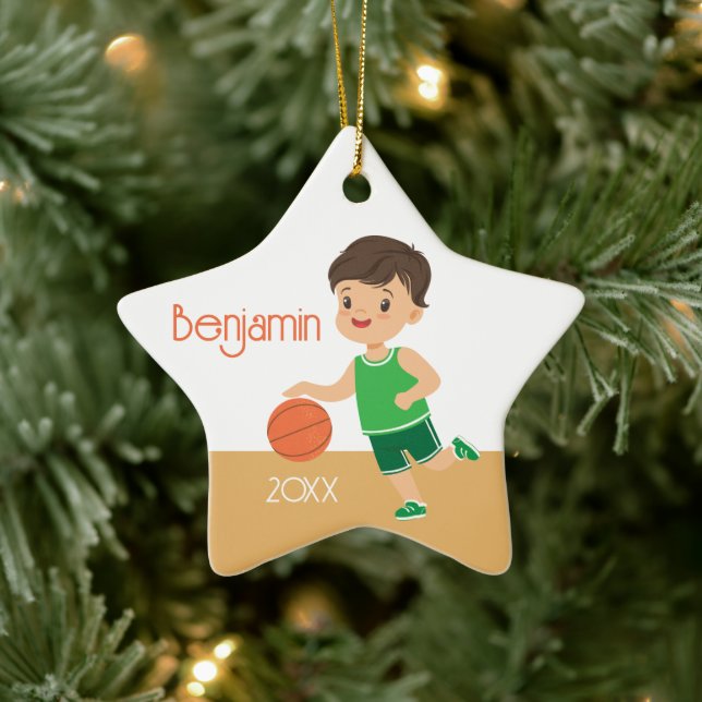 Single Sided Brunette Boy Basketball  Ceramic Ornament (Tree)