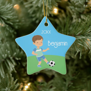 Single Sided Brunette Boy Soccer Ceramic Ornament