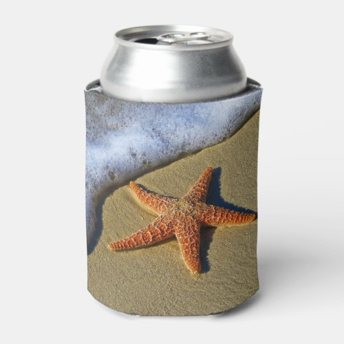 Single Starfish on Beach Can Cooler