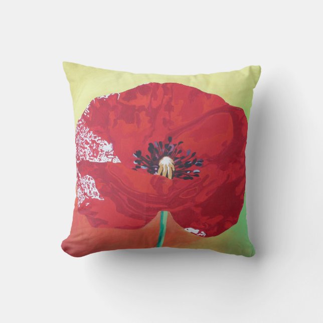 Single Stem Poppy On Red Green And Orange Backgrou Throw Pillow (Front)