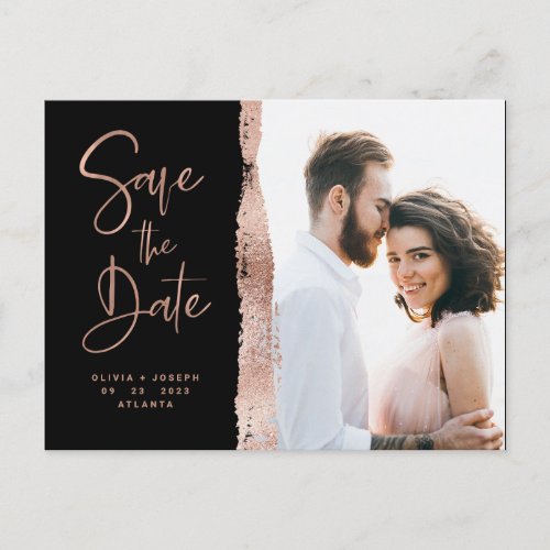Single Stripe  Rose Gold and Photo Save the Date Announcement Postcard
