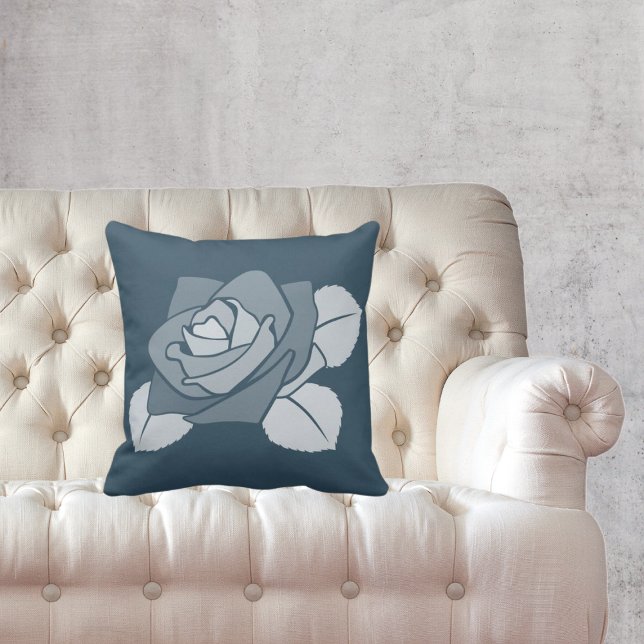 Single Stylized 3 Leaves Blue Rose Blossom Throw Pillow (Creator Uploaded)