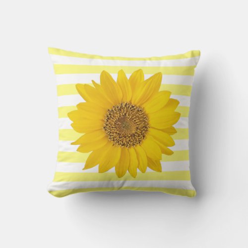 Single Sunflower White and Yellow Striped Throw Pillow